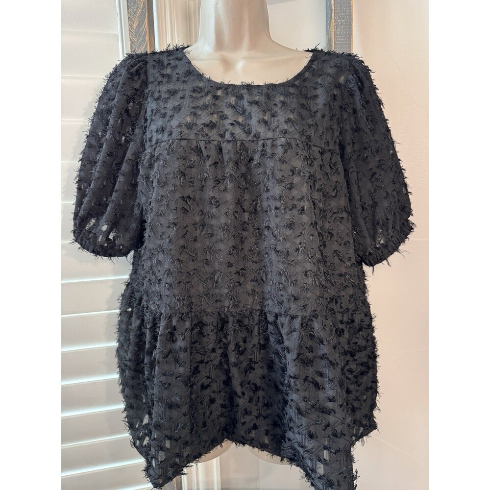 THML Anthropolgie Modern Boho Eyelash Tiered Black Top Size M